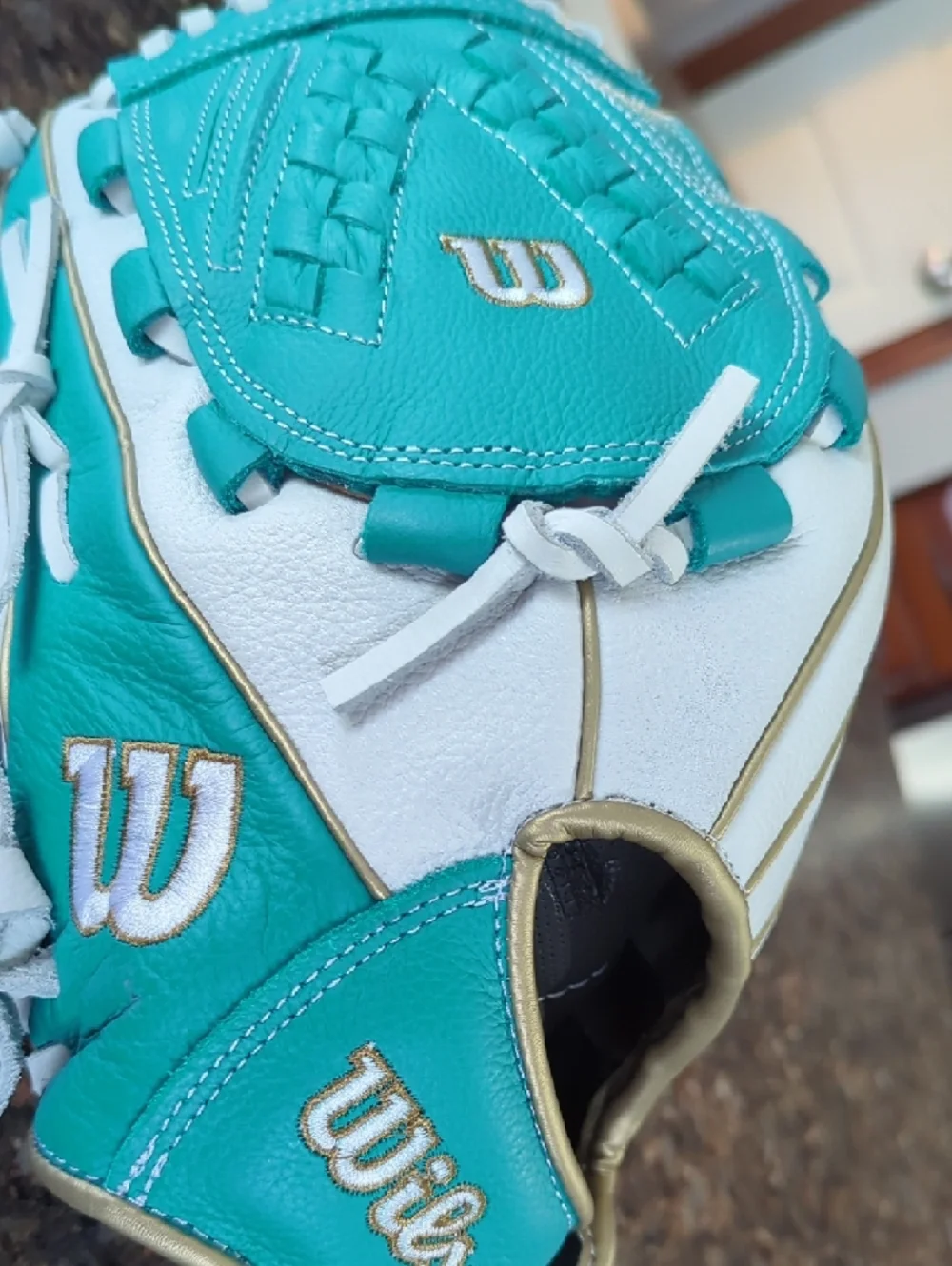 Wilson Teal, White and Gold Baseball Glove - Picture 5 of 9